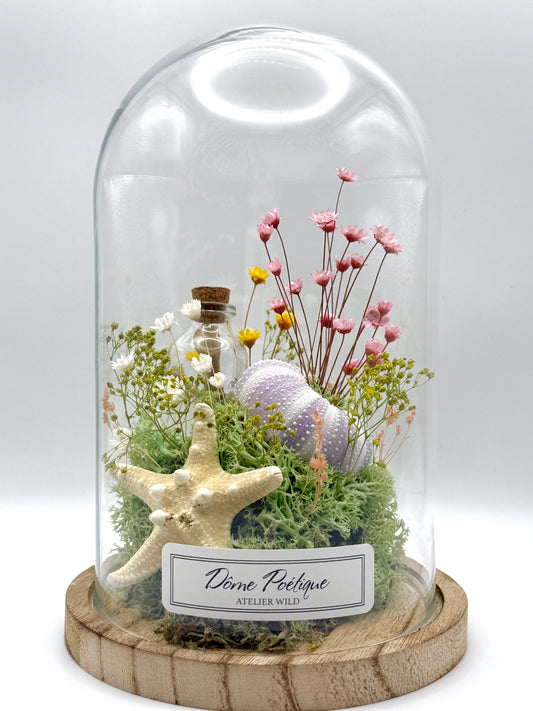 Dôme poétique Oursin sous cloche en verre — scène marine, étoile de mer et fleurettes taille grand fond blanc