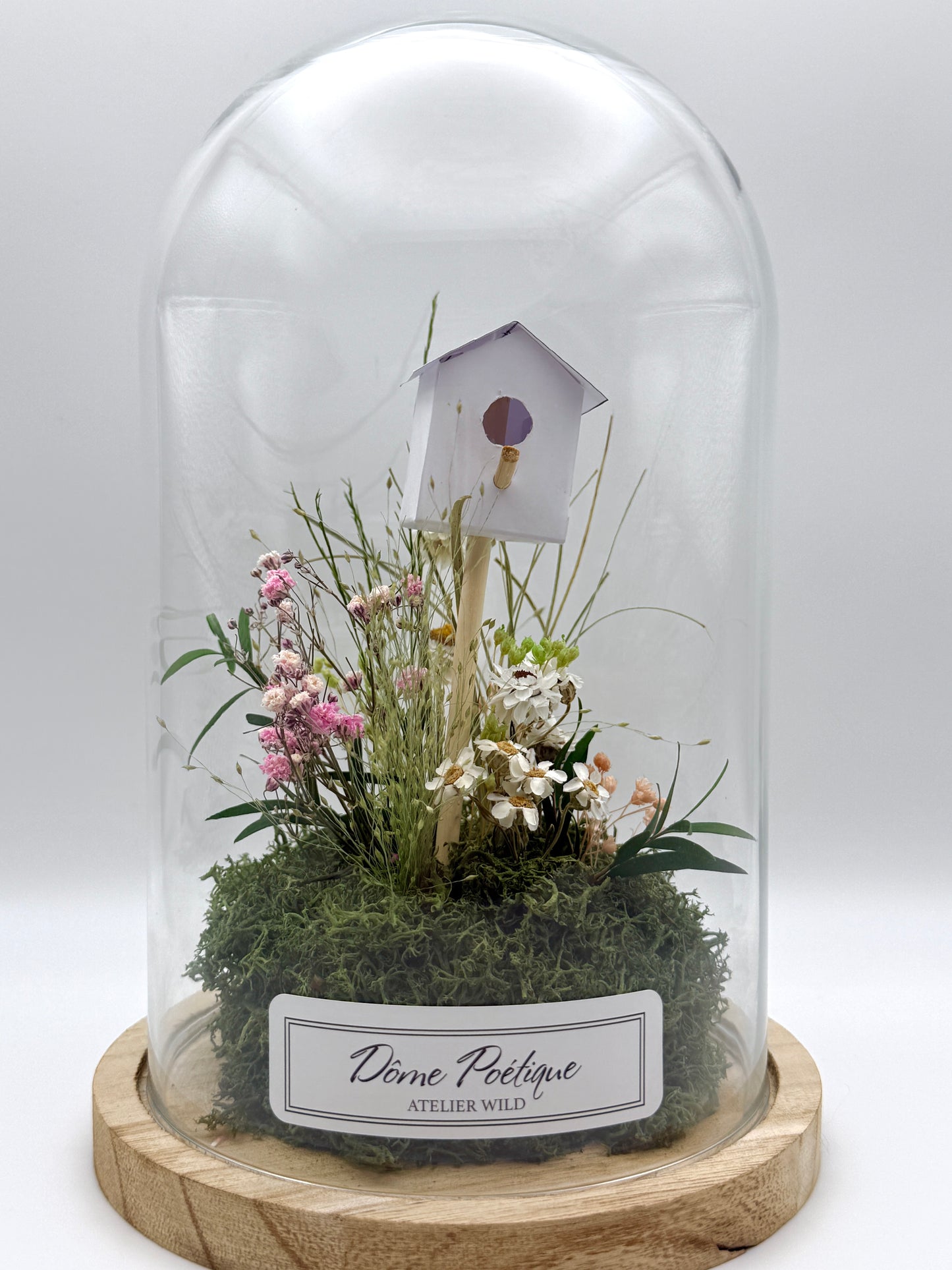Petit paysage fleuri sous cloche avec nichoir décoratif fond blanc