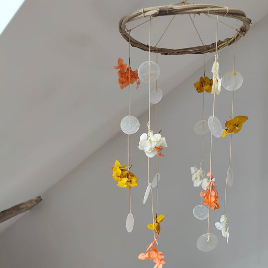 Mobile Hortensia et Nacre / Safran - Orange - Ivoire