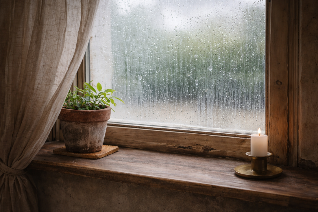 fenétre en bois sous la pluie