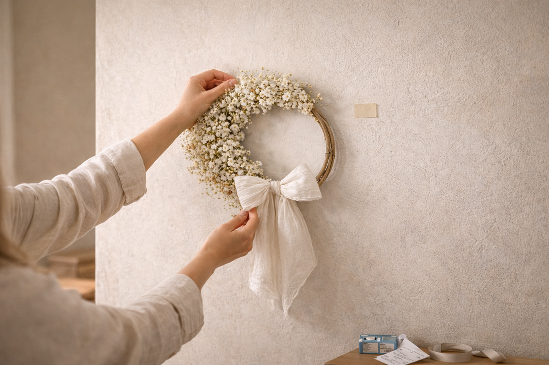 Mise en place d'une couronne de fleurs séchées sur un mur
