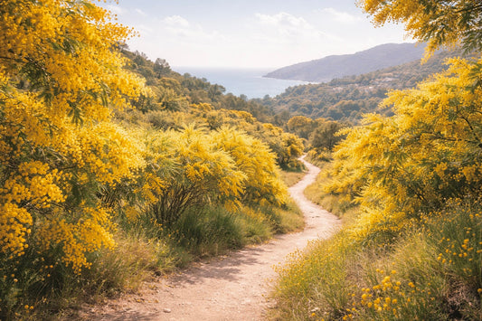 Chemin sinueux parmi les mimosas en fleur