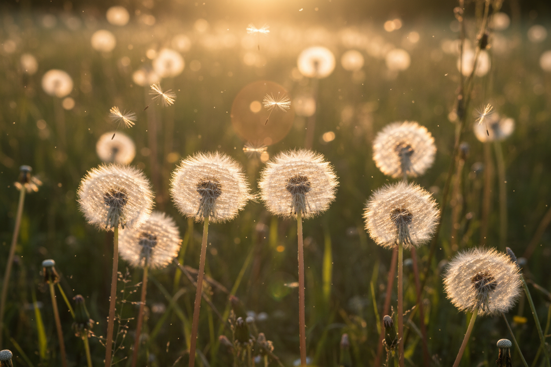 pissenlits en graines dans un champs au soleil couchant