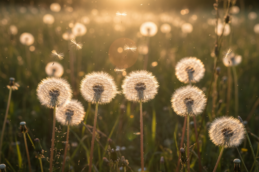 pissenlits en graines dans un champs au soleil couchant