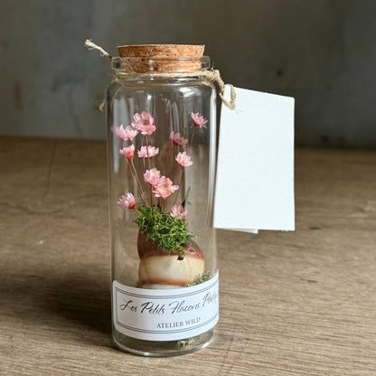 Flacon poétique escargot fleurs sur table 