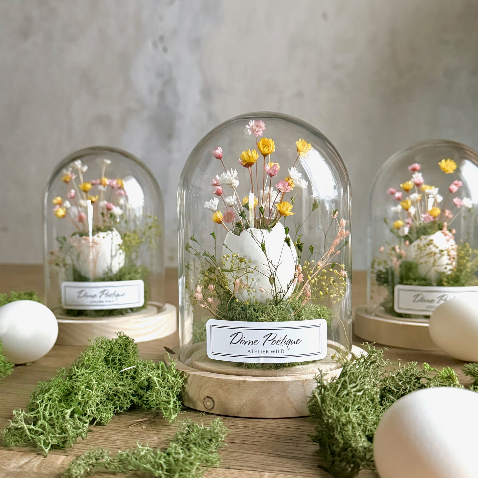 3 Domes poétiques oeuf et fleurs moyens sur table