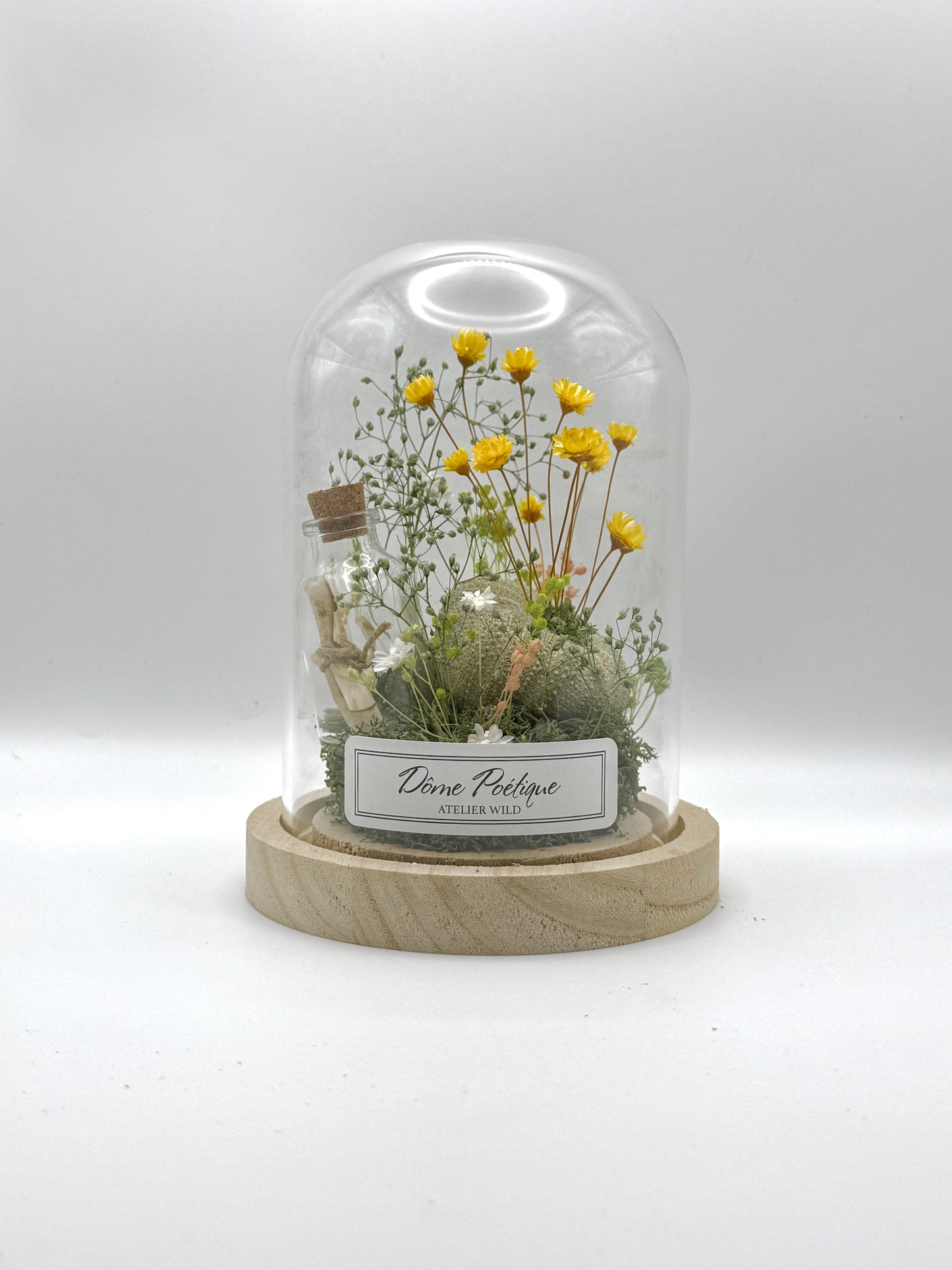 dôme poétique Oursin format moyen — fleurs jaunes et décor marin sous cloche sur fond blanc
