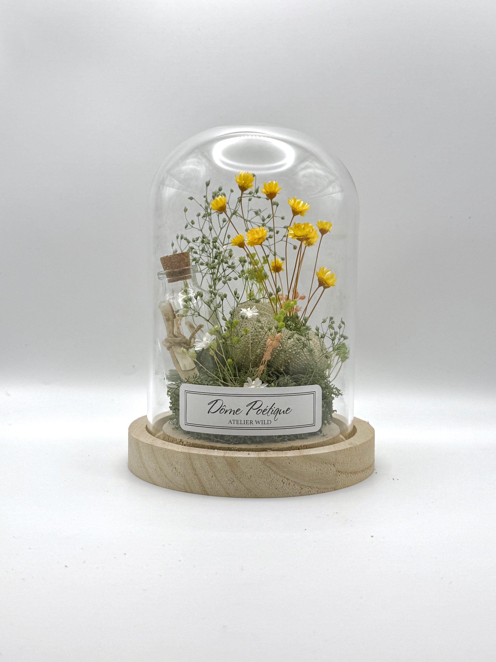 dôme poétique Oursin format moyen — fleurs jaunes et décor marin sous cloche sur fond blanc
