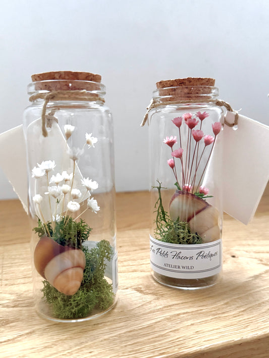 2 flacons poetiques escargot fleurs sur étagère