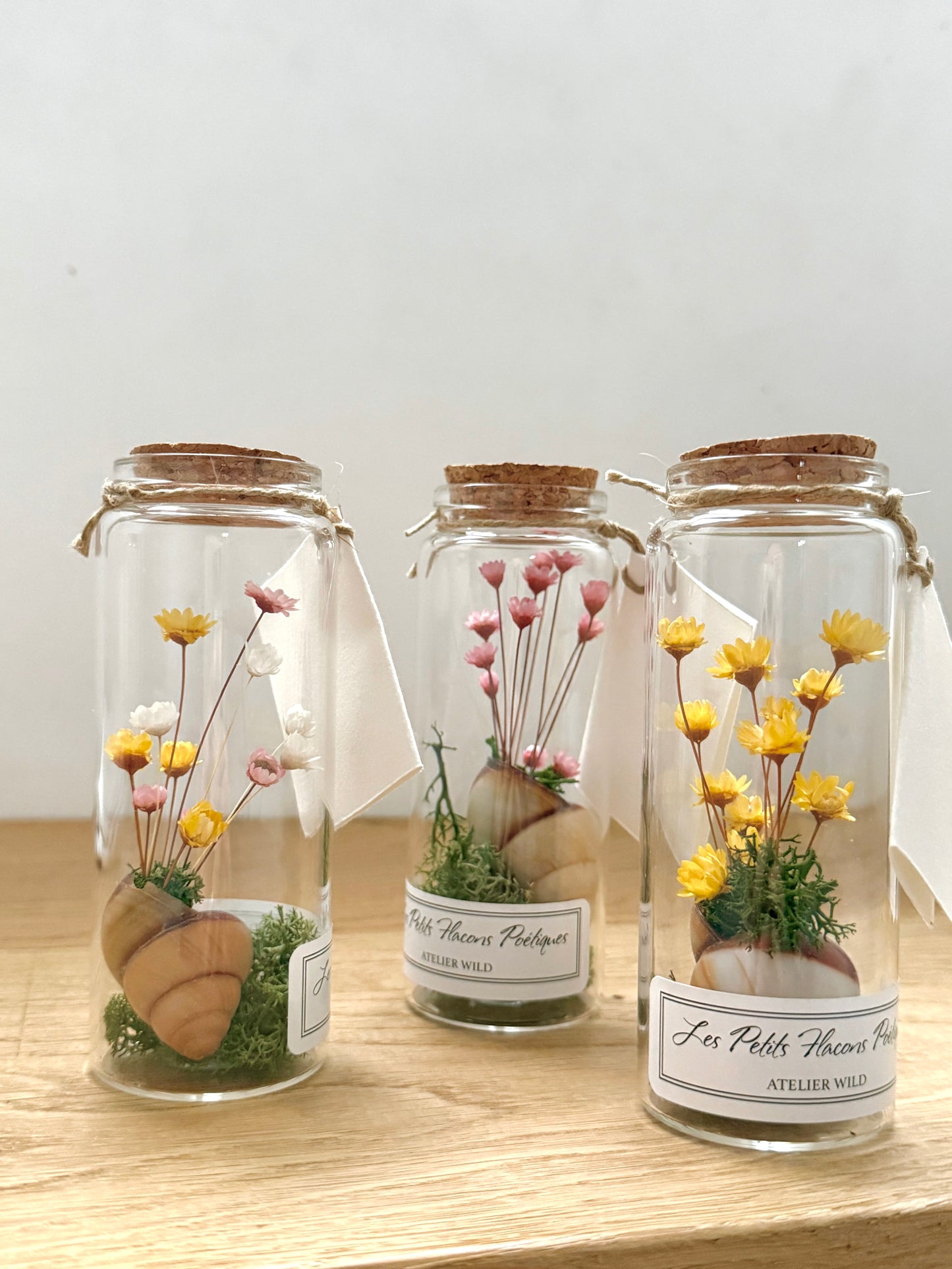 3 Flacons Poétiques fleurs et escargot sur étagère