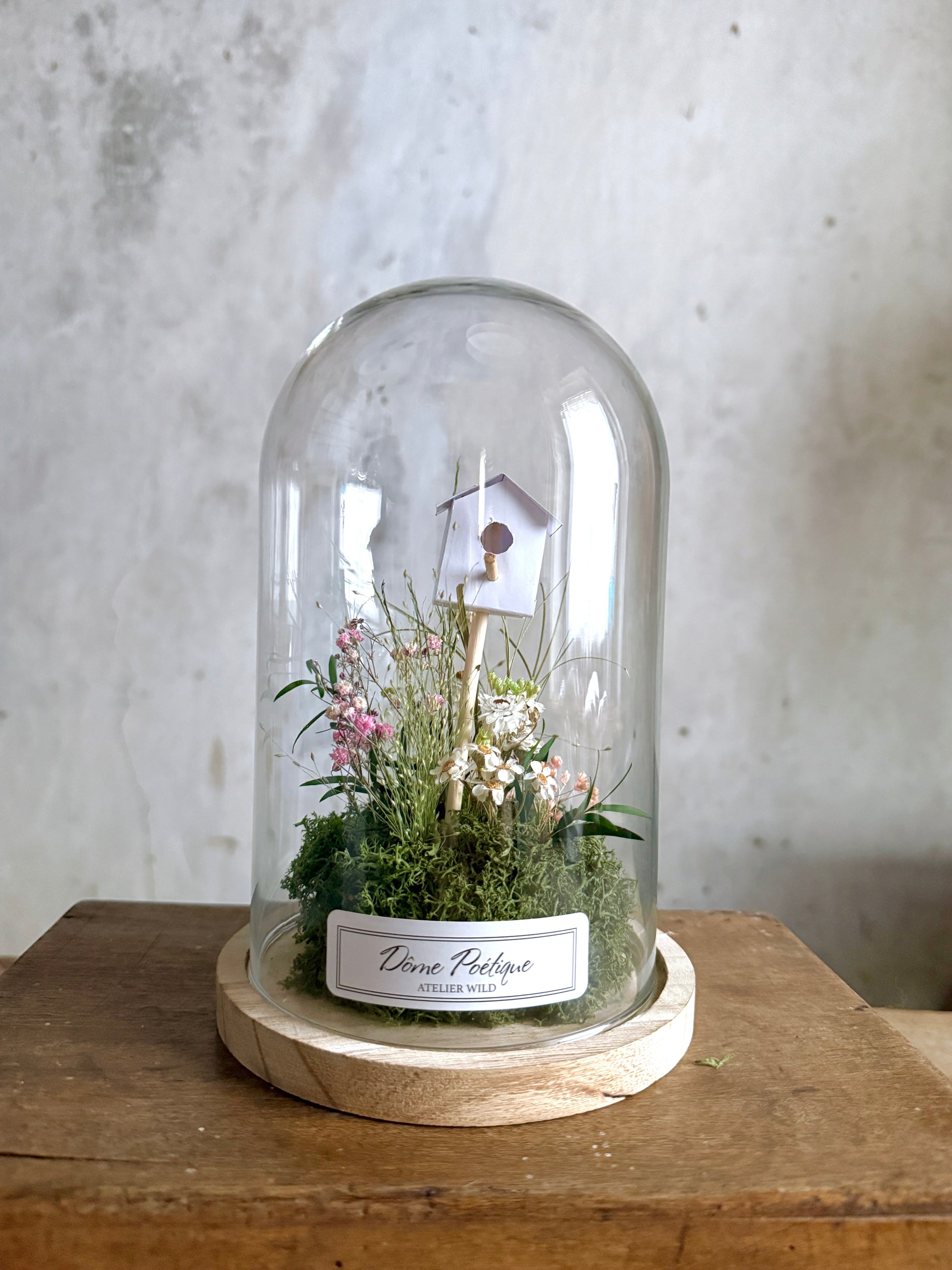 Dôme Poétique Nichoir sous cloche, petit paysage fleuri avec nichoir miniature

