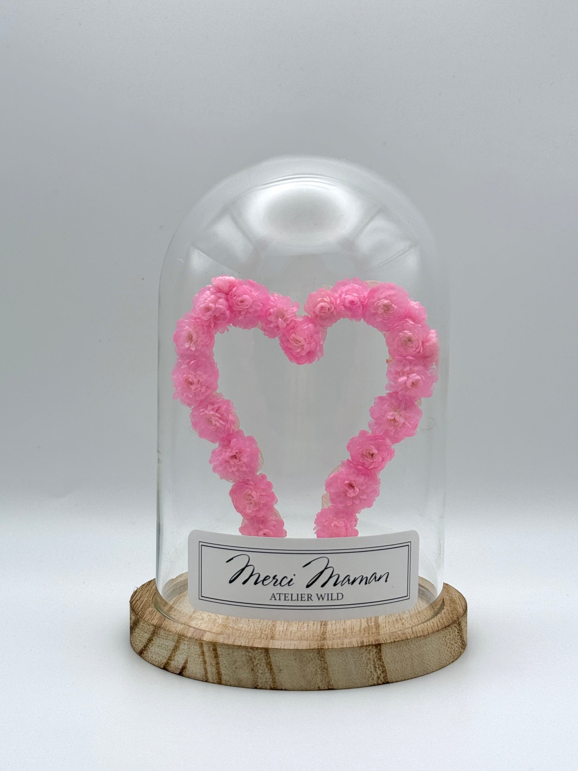 Dôme Poétique Cœur Rose avec étiquette Merci Maman
