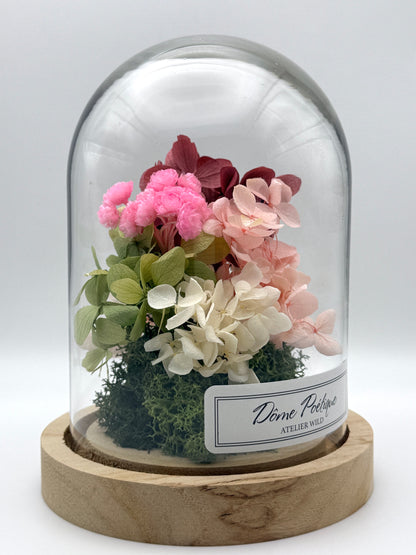 Détail du Dôme Poétique Farandole de Pétales et de ses fleurs colorées sous verre
