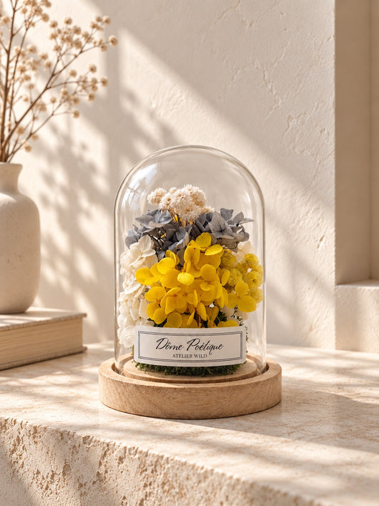 Dôme Poétique "Farandole de Pétales" Jaune Gris Blanc