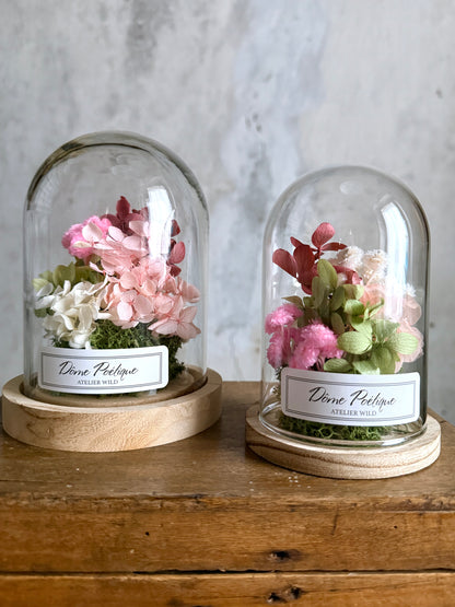 Dôme Poétique Farandole de Pétales sous cloche, composition florale colorée en hortensias et immortelles
